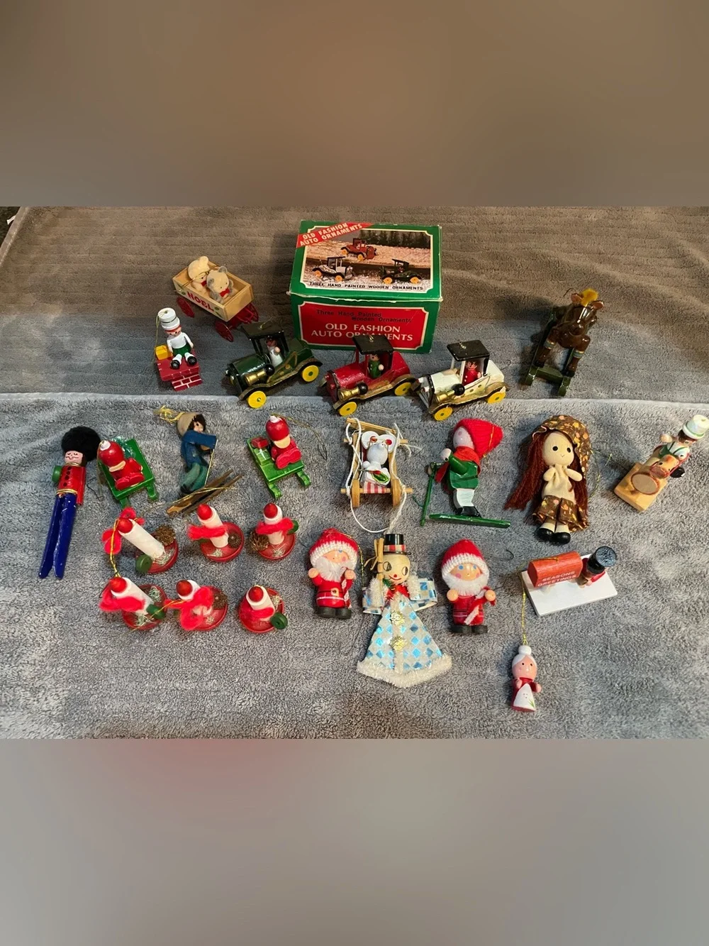 Vintage Christmas Ornaments Wood Cars Candles Lot